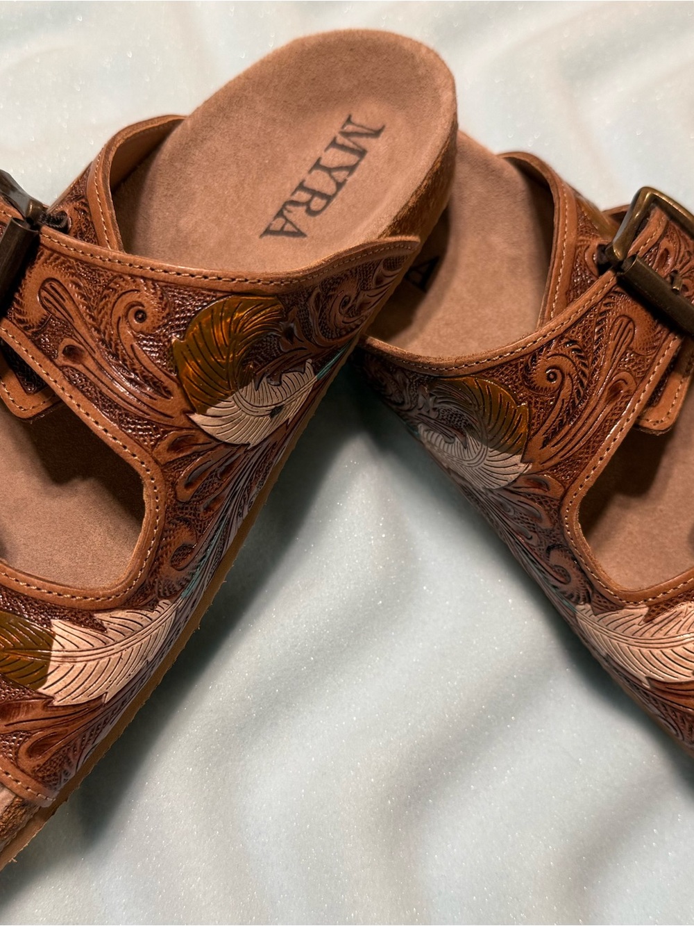 Myra Bag Brown Embossed Feather Slide Sandals